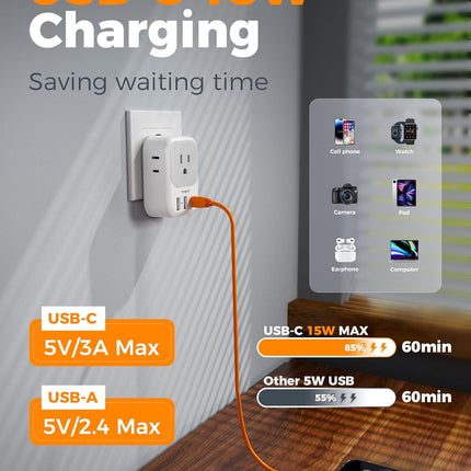 2-Pack European Plug Adapter with 4 Outlets & 3 USB Ports - Ideal for Travel in Italy, Spain, France, Germany & More!